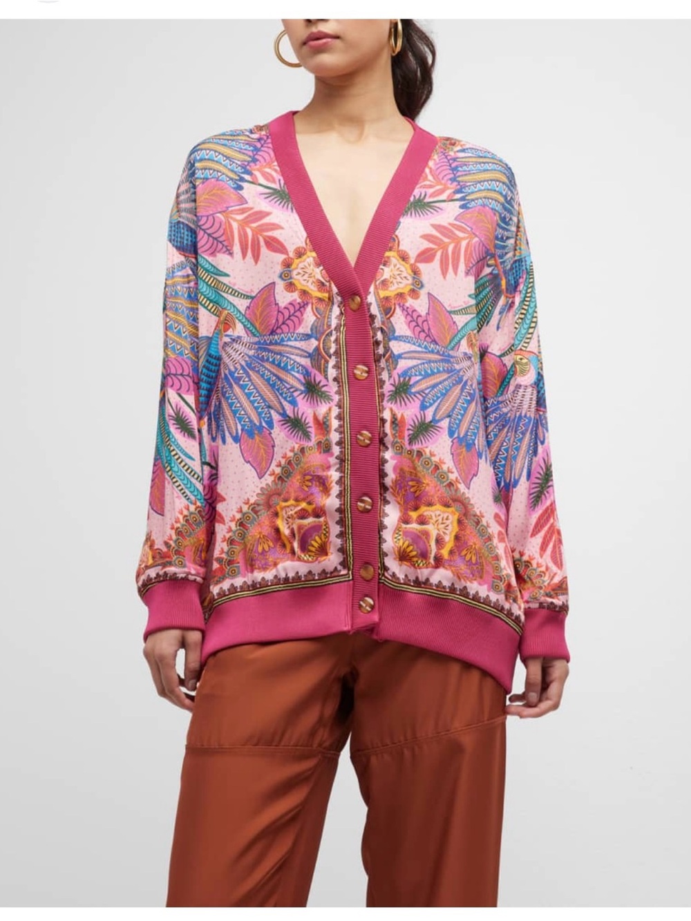 FARM Rio Pink Multicolor Floral V-Neck Button Cardigan